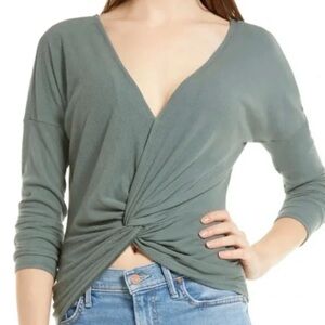 Vici Collection Sage Green Surplice V Neck Twist Front Faux Wrap Knit Top Size S